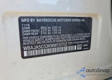 2019 BMW 530 I z USA, uszkodzony, nr VIN WBAJA5C53KWW15712